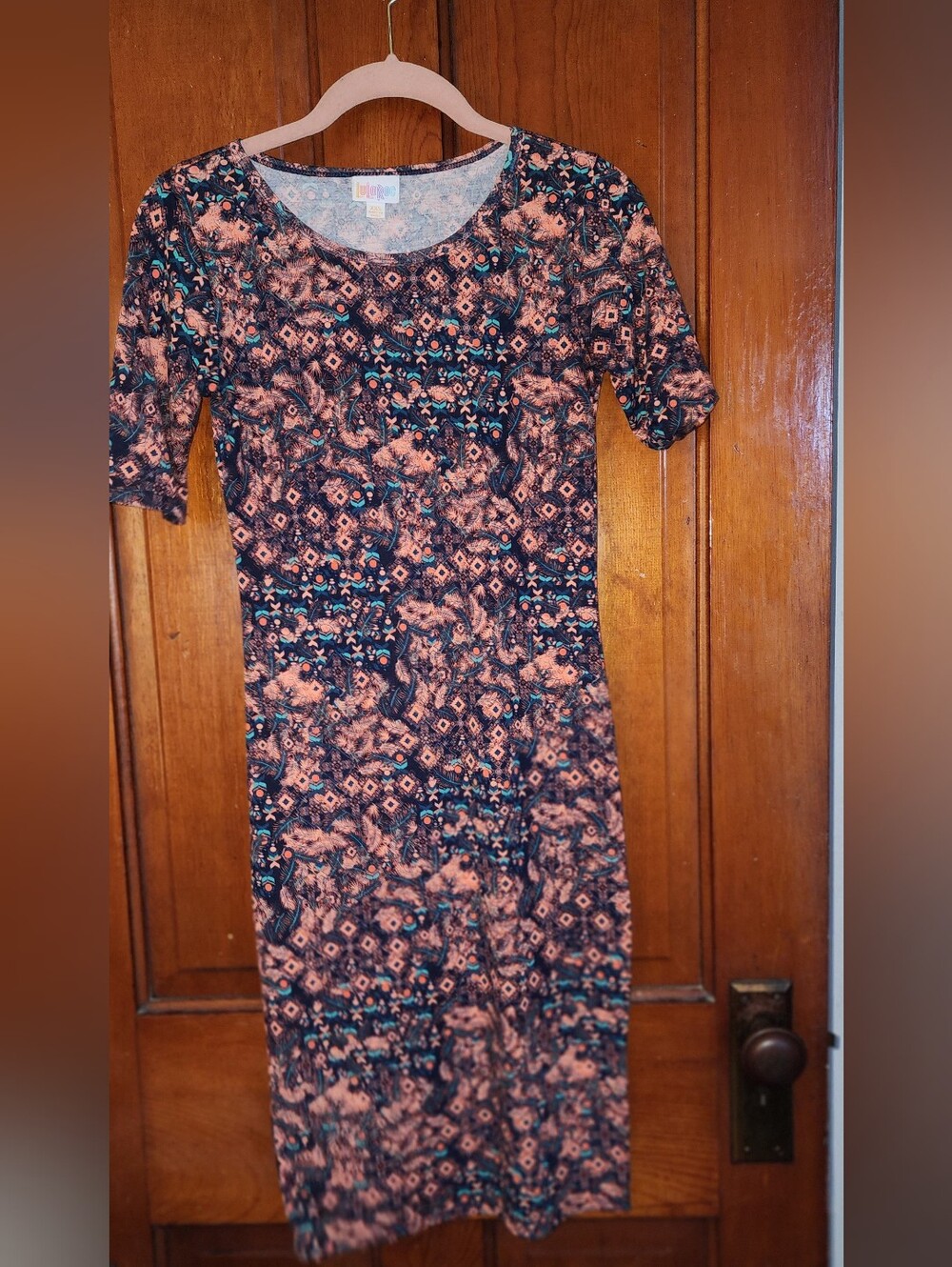 LuLaRoe Black and Peach Patterned Maxi Dress - Casual Scoop Neck